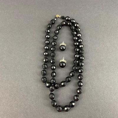 -187- COSTUME JEWELRY | Black Beaded Necklace & Earrings Set