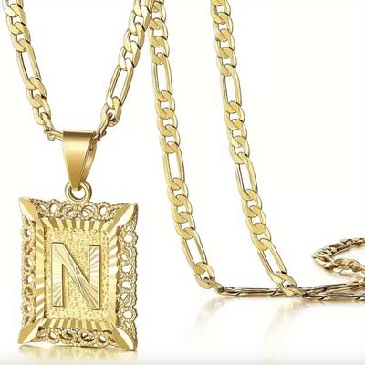 18K Gold Plated Letter "N" Square Pendant Necklace Initial Chain Men Women Gift