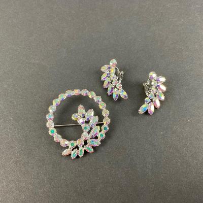 -195- B DAVID | Aurora Borealis Brooch & Earrings Set | Marked