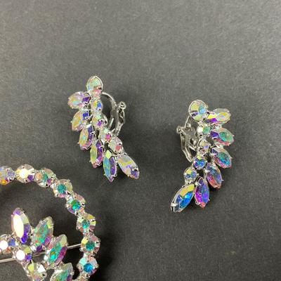 -195- B DAVID | Aurora Borealis Brooch & Earrings Set | Marked