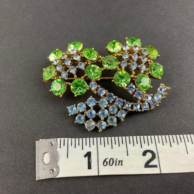 -196- LISNER | Uranium | Green & Blue Rhinestone Brooch & Earrings | Marked