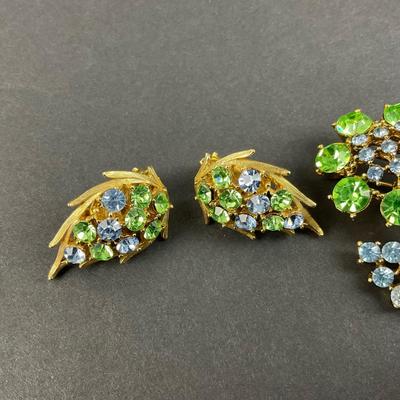-196- LISNER | Uranium | Green & Blue Rhinestone Brooch & Earrings | Marked
