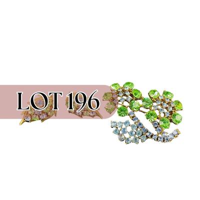 -196- LISNER | Uranium | Green & Blue Rhinestone Brooch & Earrings | Marked