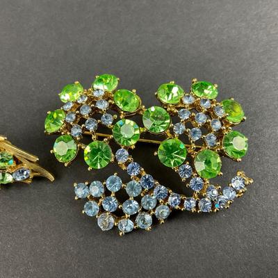 -196- LISNER | Uranium | Green & Blue Rhinestone Brooch & Earrings | Marked