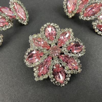 -198- WEISS | Pink Rhinestone Brooch & Clip Earrings | Marked