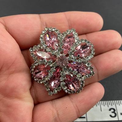 -198- WEISS | Pink Rhinestone Brooch & Clip Earrings | Marked