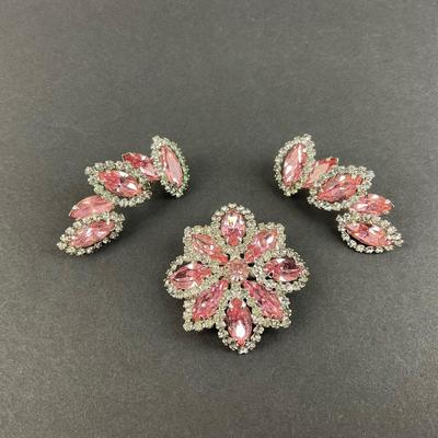 -198- WEISS | Pink Rhinestone Brooch & Clip Earrings | Marked