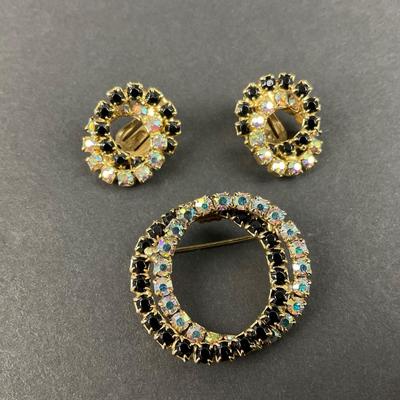 -199- COSTUME JEWELRY | Unmarked Rhinestone Brooch & Clip Earrings