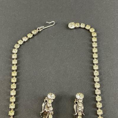 -200- COSTUME JEWELRY | Rhinestone Unmarked Necklace & Clip Earrings