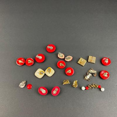 -223- COSTUME JEWELRY | Assortment Of Red Clip Earrings