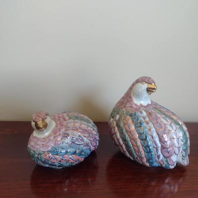 Pair of Multicolor Porcelain Quail Figurines