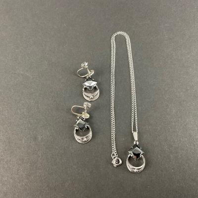 -244- SILVER | Sterling & Black Stone Sorrento Necklace & Earrings | Marked