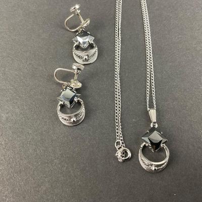 -244- SILVER | Sterling & Black Stone Sorrento Necklace & Earrings | Marked