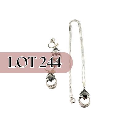 -244- SILVER | Sterling & Black Stone Sorrento Necklace & Earrings | Marked