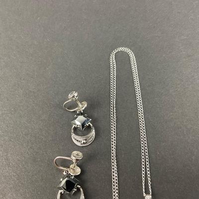 -244- SILVER | Sterling & Black Stone Sorrento Necklace & Earrings | Marked