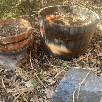 WHISKEY BARREL PLANTER AND SMALLER WOODEN PLANTER