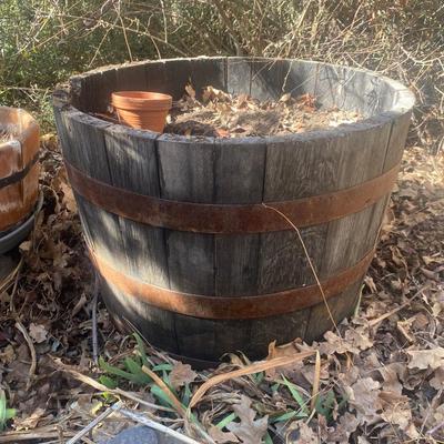 WHISKEY BARREL PLANTER AND SMALLER WOODEN PLANTER