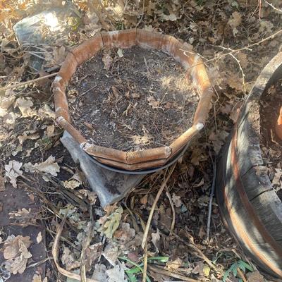WHISKEY BARREL PLANTER AND SMALLER WOODEN PLANTER
