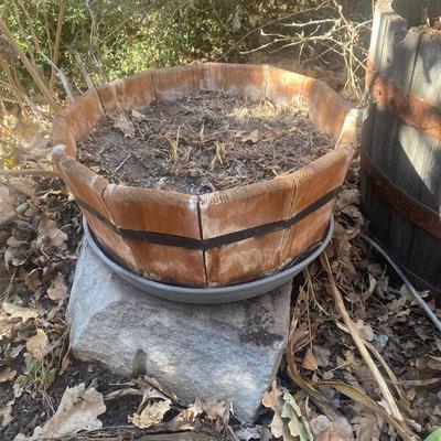 WHISKEY BARREL PLANTER AND SMALLER WOODEN PLANTER