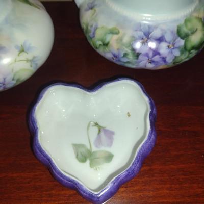 Hand Painted Porcelain House Wares- Creamer, Covered Sugar Bowl, and Heart Shaped Trinket Box