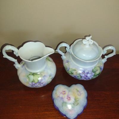 Hand Painted Porcelain House Wares- Creamer, Covered Sugar Bowl, and Heart Shaped Trinket Box