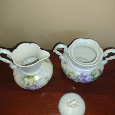 Hand Painted Porcelain House Wares- Creamer, Covered Sugar Bowl, and Heart Shaped Trinket Box