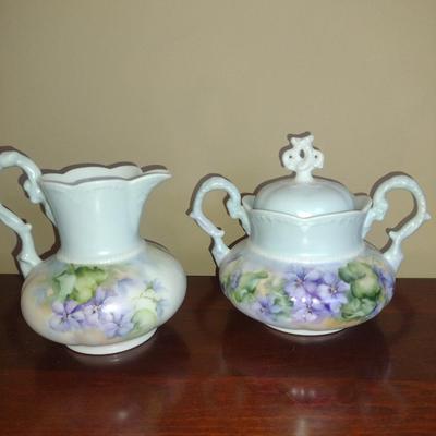 Hand Painted Porcelain House Wares- Creamer, Covered Sugar Bowl, and Heart Shaped Trinket Box