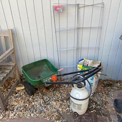 SCOTTS MINI BROADCAST SPREADER, FLO-MASTER SPRAYER, AND TOMATO CAGES