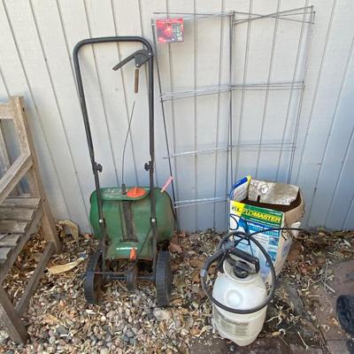 SCOTTS MINI BROADCAST SPREADER, FLO-MASTER SPRAYER, AND TOMATO CAGES