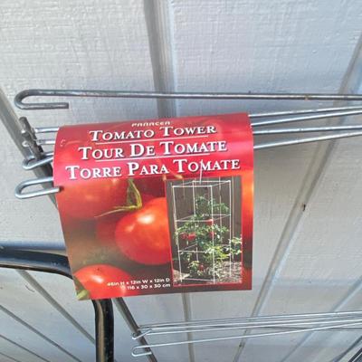 SCOTTS MINI BROADCAST SPREADER, FLO-MASTER SPRAYER, AND TOMATO CAGES