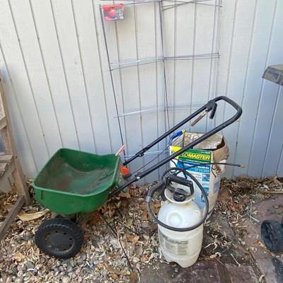 SCOTTS MINI BROADCAST SPREADER, FLO-MASTER SPRAYER, AND TOMATO CAGES