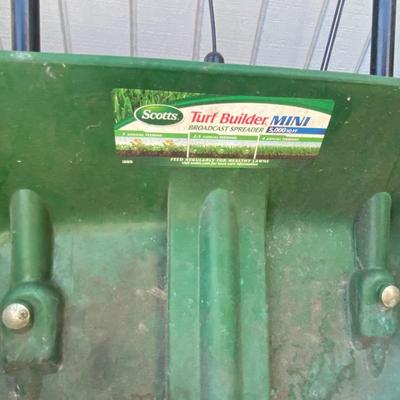 SCOTTS MINI BROADCAST SPREADER, FLO-MASTER SPRAYER, AND TOMATO CAGES