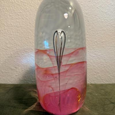 Pink Reverse Drip Art Glass Paperweight.