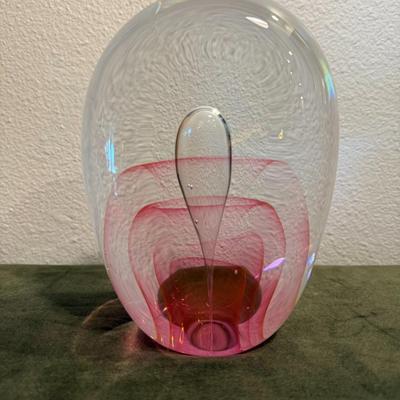 Pink Reverse Drip Art Glass Paperweight.