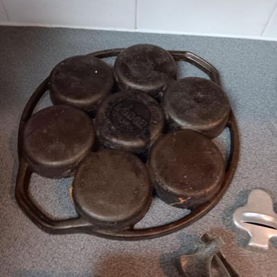 CAST IRON BISCUIT/MUFFIN PAN, COOKIE CUTTERS AND PIE PANS