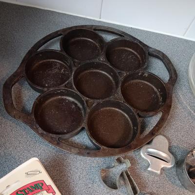 CAST IRON BISCUIT/MUFFIN PAN, COOKIE CUTTERS AND PIE PANS