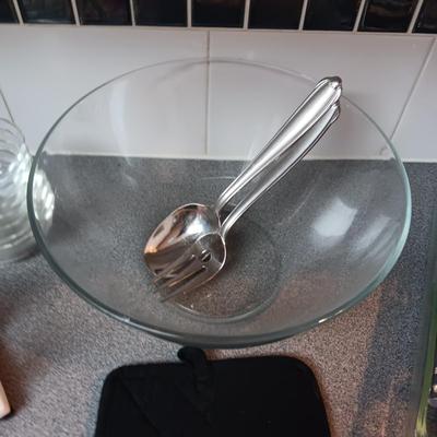 ASSORTED FLATWARE, GLASS SERVING BOWL AND BAKING DISH, CAST IRON NAPKIN HOLDER