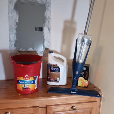BONA CHEMICAL AND FLOOR TOOL, SCRUB BUCKET, MOP & SWIFFER DUSTERS