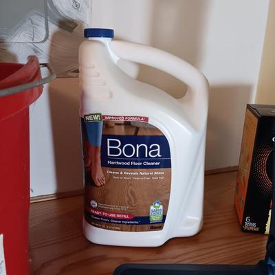 BONA CHEMICAL AND FLOOR TOOL, SCRUB BUCKET, MOP & SWIFFER DUSTERS