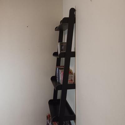 LADDER SHELF WITH MANY ROAD MAPS, DVD'S (UNDERSTANDING THE UNIVERSE) & A VARIETY OF BOOKS