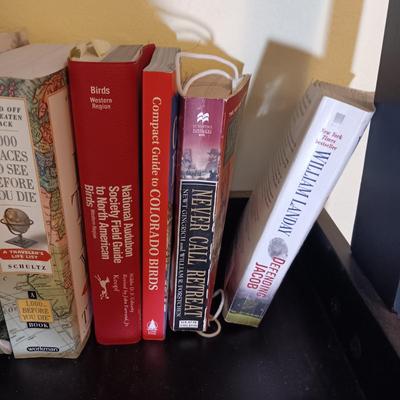LADDER SHELF WITH MANY ROAD MAPS, DVD'S (UNDERSTANDING THE UNIVERSE) & A VARIETY OF BOOKS