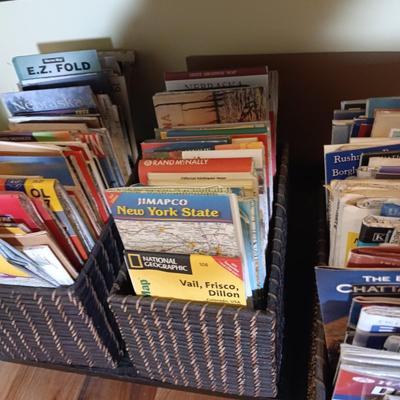 LADDER SHELF WITH MANY ROAD MAPS, DVD'S (UNDERSTANDING THE UNIVERSE) & A VARIETY OF BOOKS