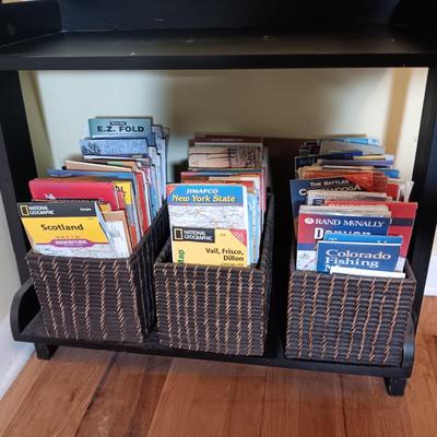 LADDER SHELF WITH MANY ROAD MAPS, DVD'S (UNDERSTANDING THE UNIVERSE) & A VARIETY OF BOOKS