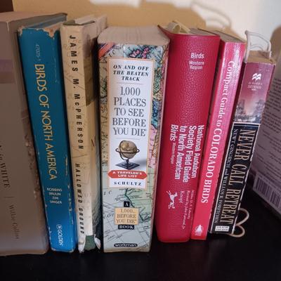 LADDER SHELF WITH MANY ROAD MAPS, DVD'S (UNDERSTANDING THE UNIVERSE) & A VARIETY OF BOOKS
