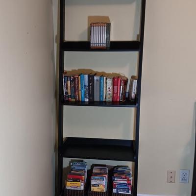LADDER SHELF WITH MANY ROAD MAPS, DVD'S (UNDERSTANDING THE UNIVERSE) & A VARIETY OF BOOKS
