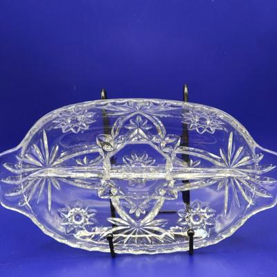 LOT 1L: Variety of Crystal and Glass Pieces Including Large Platter, Covered Cheese Dish, Creamer & Sugar, and More