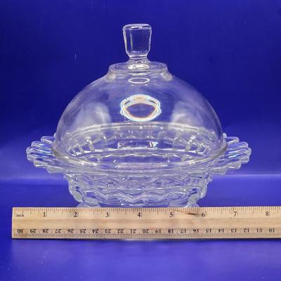 LOT 1L: Variety of Crystal and Glass Pieces Including Large Platter, Covered Cheese Dish, Creamer & Sugar, and More