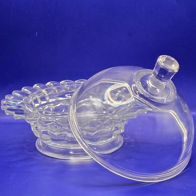 LOT 1L: Variety of Crystal and Glass Pieces Including Large Platter, Covered Cheese Dish, Creamer & Sugar, and More