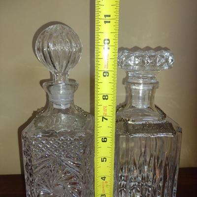 Pair of Glass/Crystal Decanters with Metal Tag Labels
