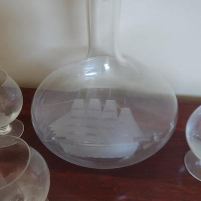 Five Piece Cordial Set with Etched Ship Design- Decanter and Four Glasses
